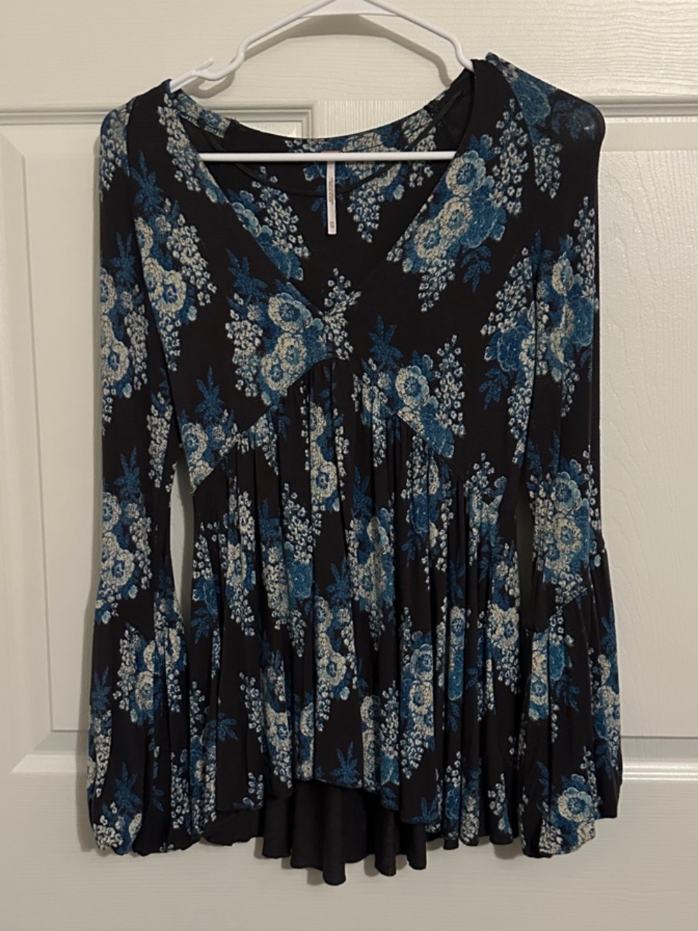 Free People Black Top with Blue Floral Print